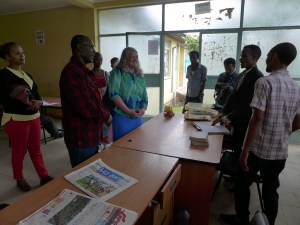 Initial greetings with Youth Center Manager # 1 Gizaw Alemu and Abebe Yifru Library staff member